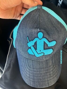 Teal and Navy Trucker Hat with Embroidered goalie